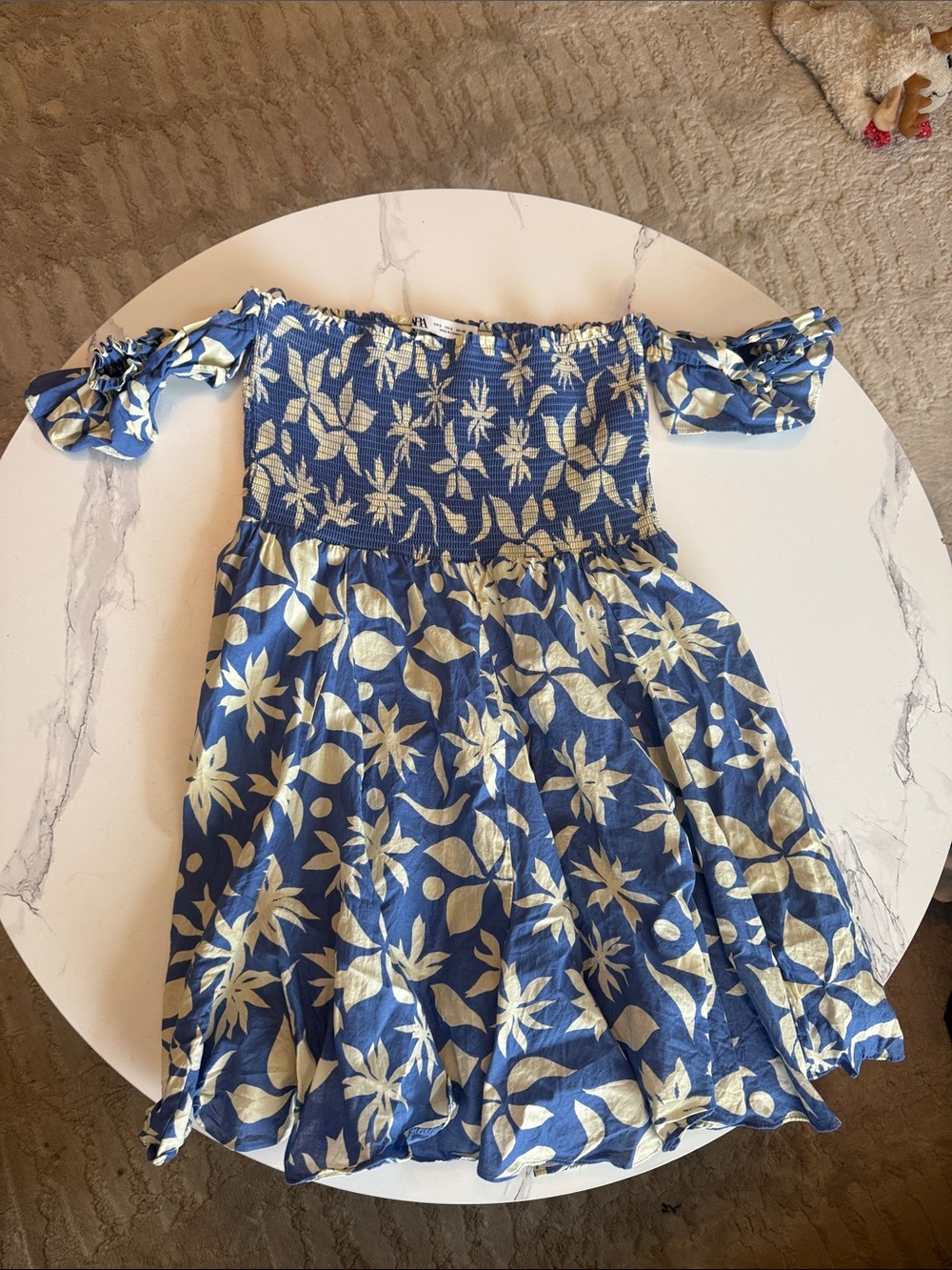 Zara Blue Floral Off-Shoulder Dress with Cream Print